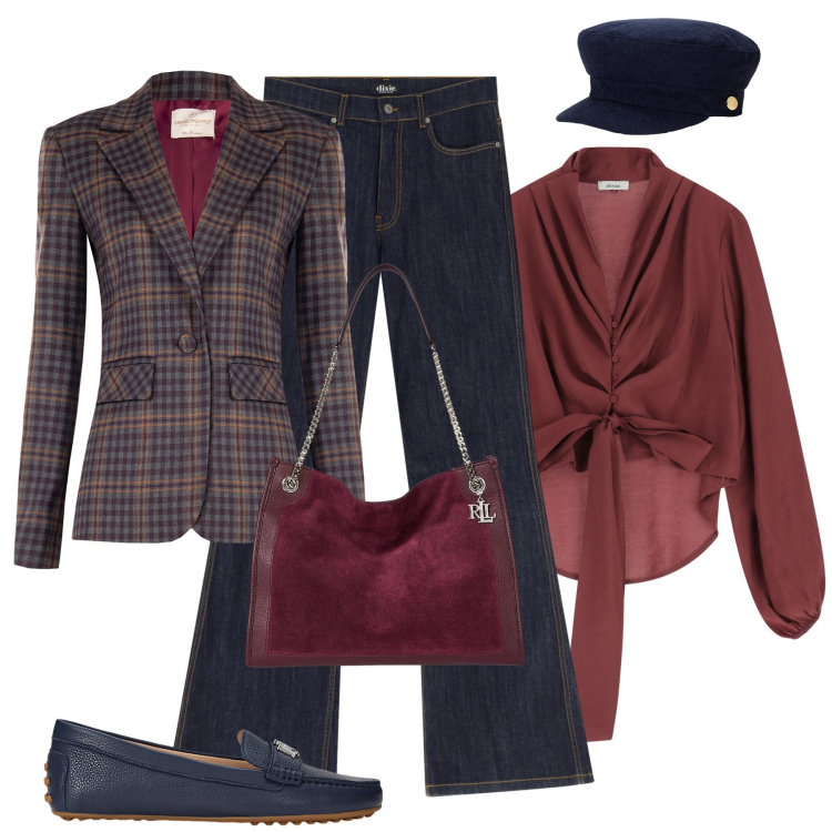 Outfit donna - Fall city time. Stile Urban per Tutti i giorni. Abbinamento con blazer, jeans a zampa, camicie, mocassini, berretti, borse tote.