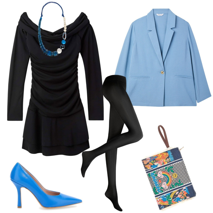 Outfit donna - Minimal con brio. Stile Minimal per Serata fuori. Abbinamento con collant, blazer, vestiti corti, collane, pochette, décolleté.