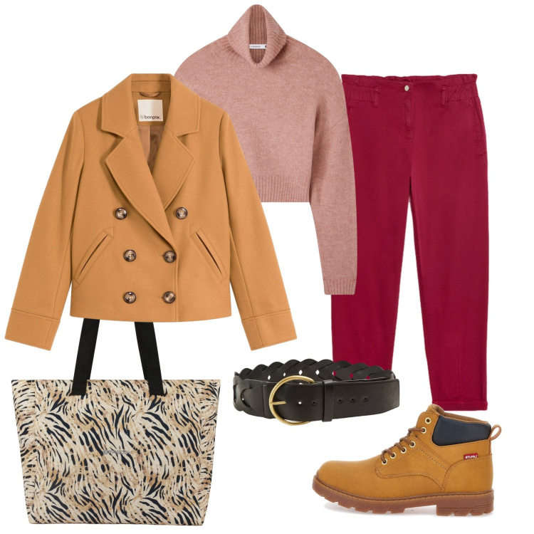 Outfit donna - Total look #2261614. Stile Casual per Tutti i giorni. Abbinamento con caban, cinture, maglieria, shopping bag, pantaloni, anfibi.