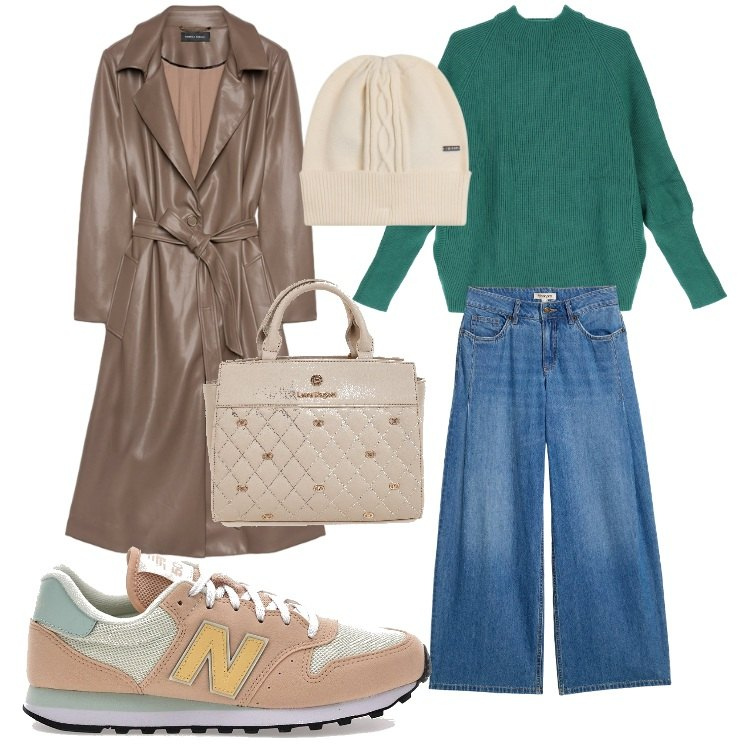 Outfit donna - Trench season. Stile Casual per Tutti i giorni. Abbinamento con jeans, berretti, maglieria, sneakers, borse a mano, trench.