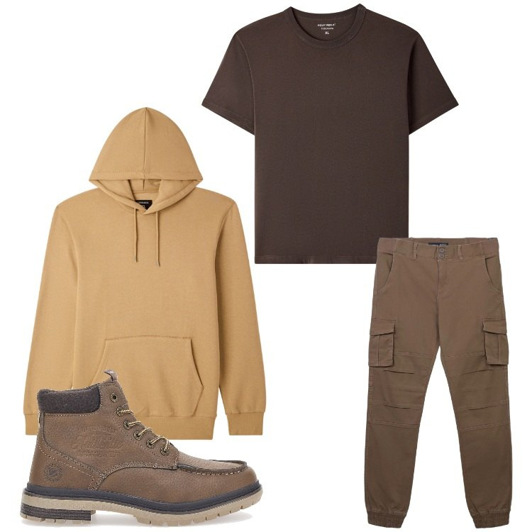 Outfit uomo - Come foglie. Stile Casual per Tutti i giorni. Abbinamento con pantaloni cargo, t-shirt, felpe con cappuccio, stivali e stivaletti.