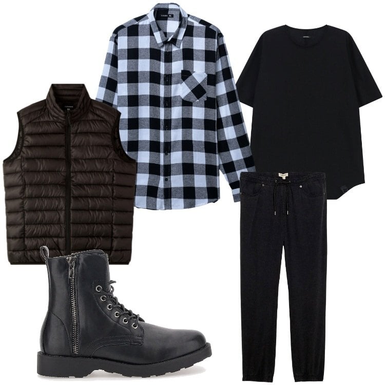 Outfit uomo - A strati. Stile Casual per Tutti i giorni. Abbinamento con pantaloni, camicie, piumini, t-shirt, anfibi.