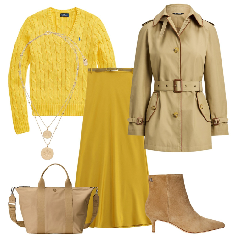 Outfit donna - Total look #2261633. Stile Casual chic per Ufficio. Abbinamento con gonne lunghe, ciondoli, borse tote, stivaletti, trench, maglieria.