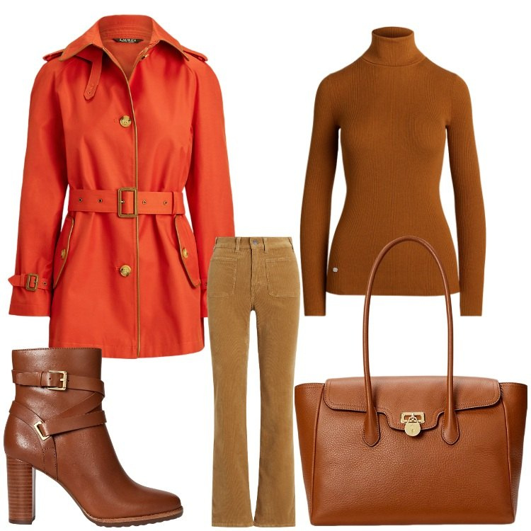 Outfit donna - Colori d´autunno. Stile Chic per Ufficio. Abbinamento con trench, stivaletti, borse a mano, maglieria, pantaloni.