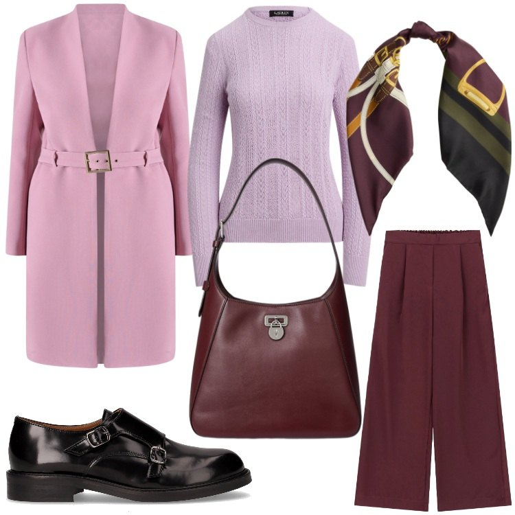 Outfit donna - Mosto e caramelle. Stile Chic per Ufficio. Abbinamento con trench, pantaloni a palazzo, borse a spalla, foulard, maglieria, mocassini.