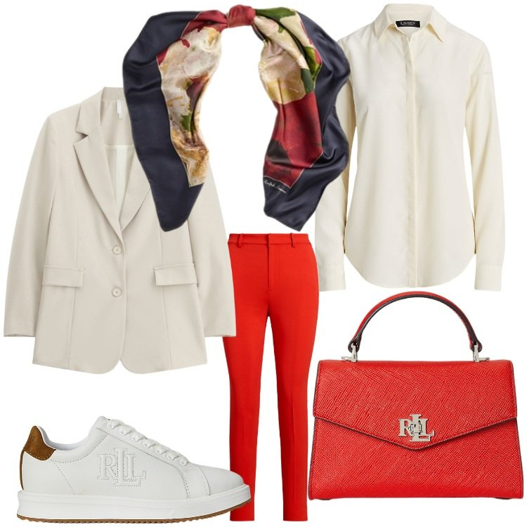 Outfit donna - Bianco e rosso cuore. Stile Sporty chic per Ufficio. Abbinamento con blazer, camicie, borse a mano, pantaloni, sneakers, foulard.