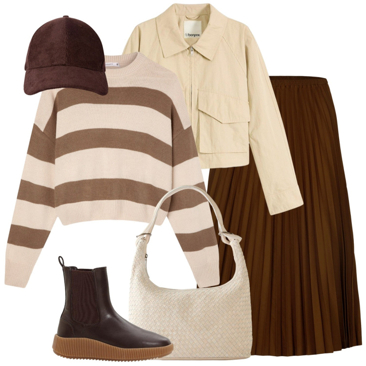 Outfit donna - Cioccolato fondente e cioccolato bianco. Stile Urban per Tutti i giorni. Abbinamento con stivaletti chelsea, trench, shopping bag, maglieria, cappelli con visiera, gonne longuette.