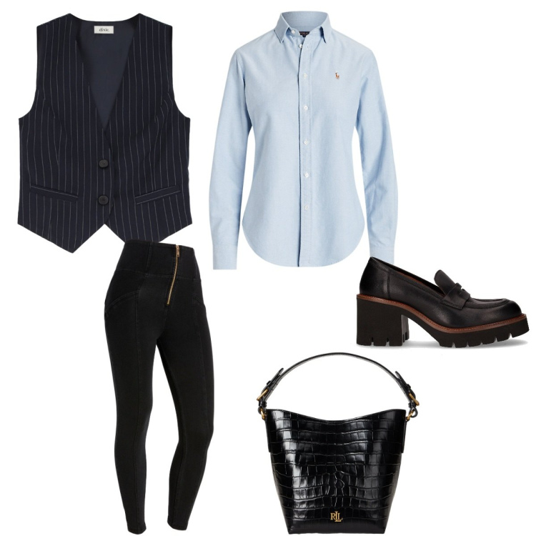 Outfit donna - Minimal autunnale. Stile Casual per Tutti i giorni. Abbinamento con jeggings, gilet, camicie, borse a secchiello, décolleté.