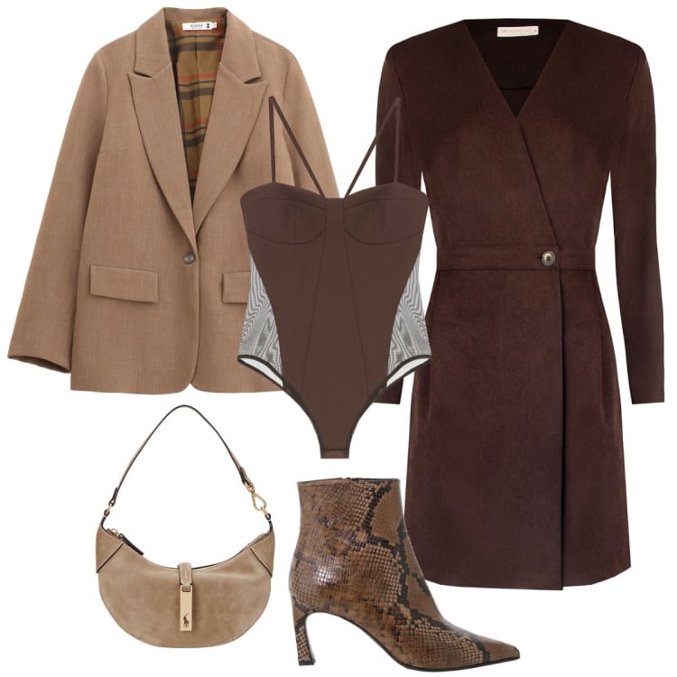 Outfit donna - Marrone autunno/inverno. Stile Chic per Ufficio. Abbinamento con vestiti corti, blazer, body, stivaletti, borse a spalla.