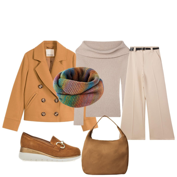 Outfit donna - Colore energia e vitalità. Stile Trendy per Tutti i giorni. Abbinamento con caban, foulard, pantaloni, borse a mano, maglieria, mocassini.