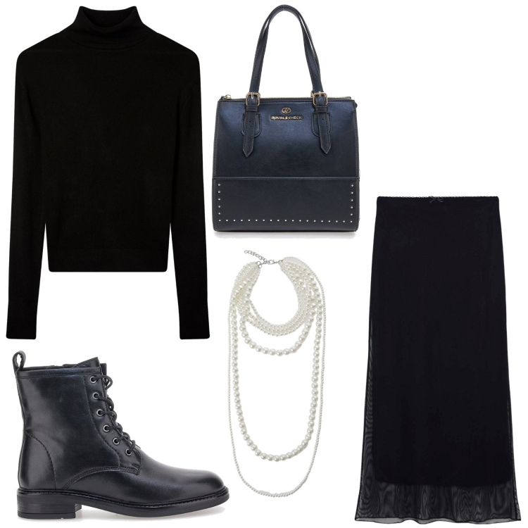 Outfit donna - Total black in ufficio. Stile Chic per Ufficio. Abbinamento con gonne lunghe, maglieria, collane, borse a mano, anfibi.