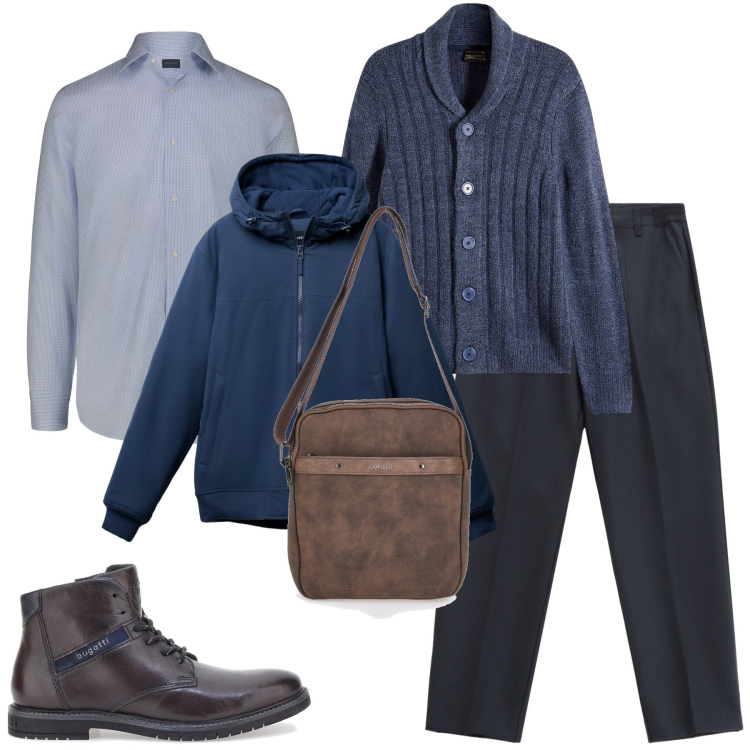 Outfit uomo - L’arte del layering. Stile Casual per Ufficio. Abbinamento con cardigans, giacche, pantaloni, stivali e stivaletti, portafogli, camicie.