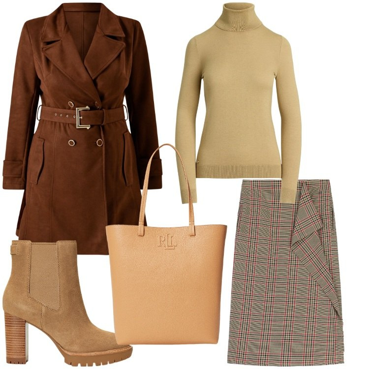 Outfit donna - Marrone e dintorni. Stile Chic per Ufficio. Abbinamento con trench, gonne longuette, stivaletti chelsea, maglieria, borse tote.