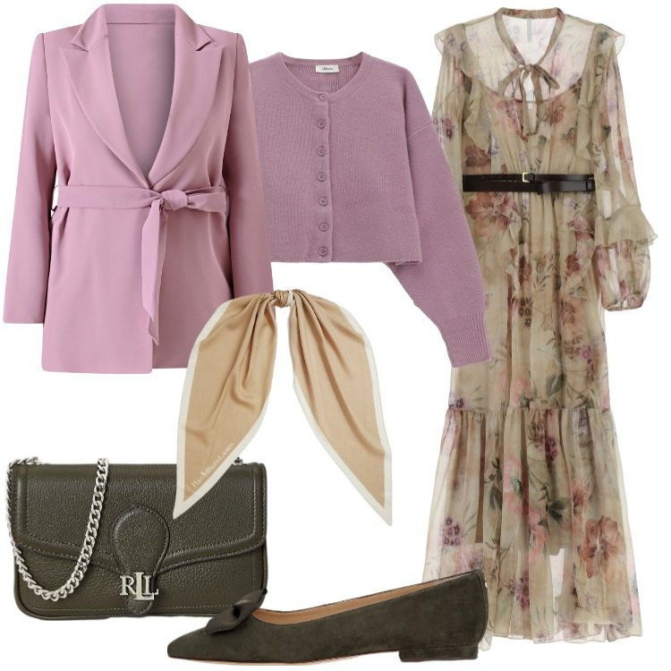 Outfit donna - Atmosfere romantiche. Stile Romantica per Cerimonia. Abbinamento con blazer, vestiti lunghi, cardigans, ballerine, foulard, clutch.