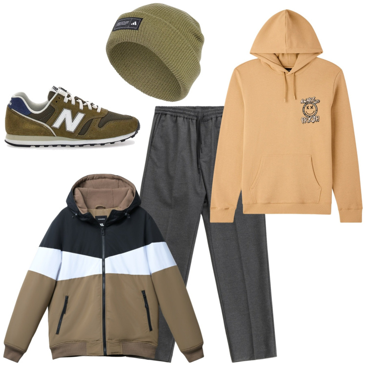 Outfit uomo - Passeggiata autunnale. Stile Casual per Tutti i giorni. Abbinamento con felpe con cappuccio, piumini, pantaloni, berretti, sneakers.