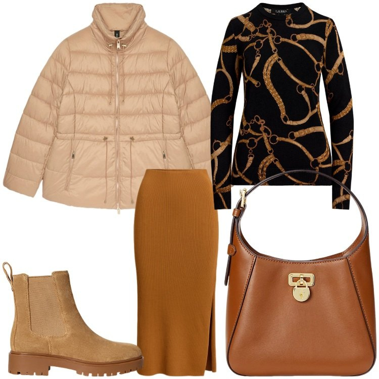 Outfit donna - Semplice. Stile Chic per Ufficio. Abbinamento con borse a tracolla, stivaletti chelsea, gonne, maglieria, piumini.