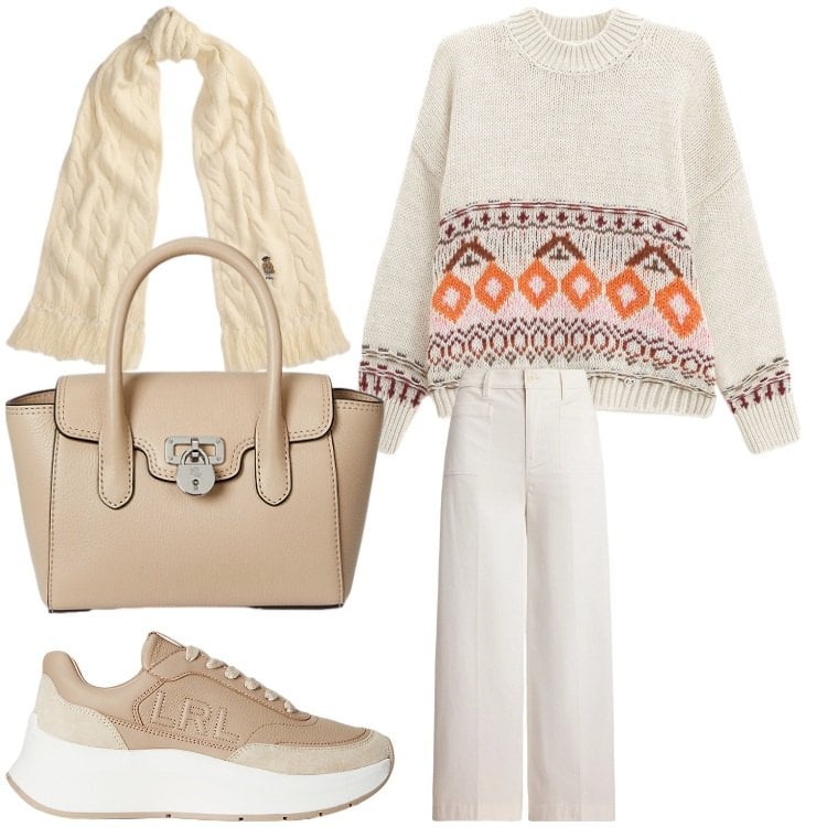 Outfit donna - Calda e comoda. Stile Sporty chic per Tutti i giorni. Abbinamento con maglieria, sneakers, borse a mano, sciarpe, pantaloni.