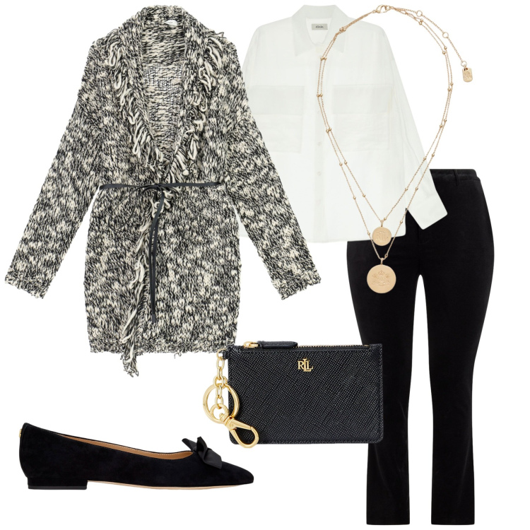 Outfit donna - Total look #2261677. Stile Chic per Ufficio. Abbinamento con camicie, cardigans, ciondoli, ballerine, portafogli, pantaloni.