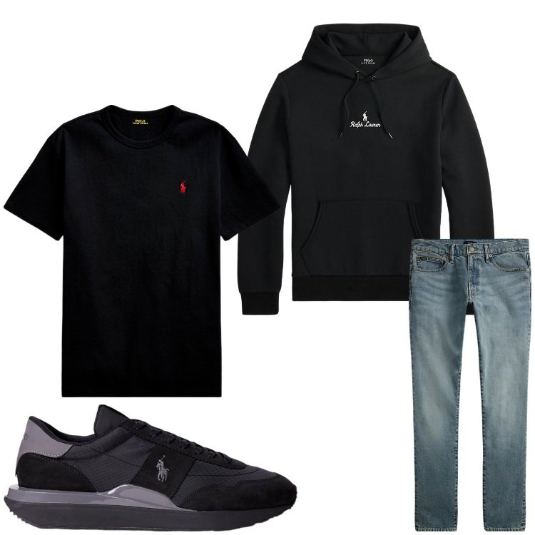 Outfit uomo - Due passi in autunno. Stile Casual per Tutti i giorni. Abbinamento con t-shirt, jeans, sneakers, felpe con cappuccio.