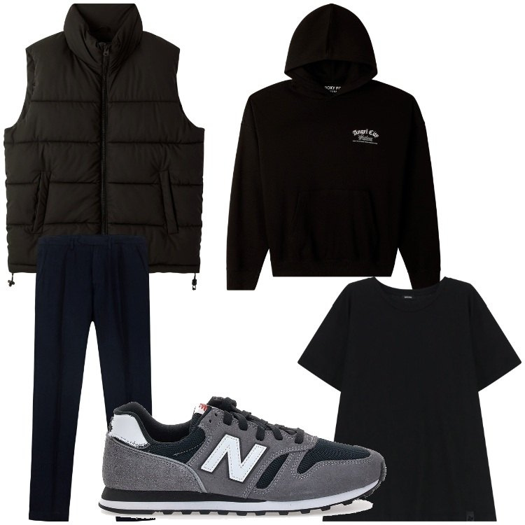 Outfit uomo - Tempo variabile. Stile Casual per Tutti i giorni. Abbinamento con piumini, felpe con cappuccio, t-shirt, pantaloni, sneakers.