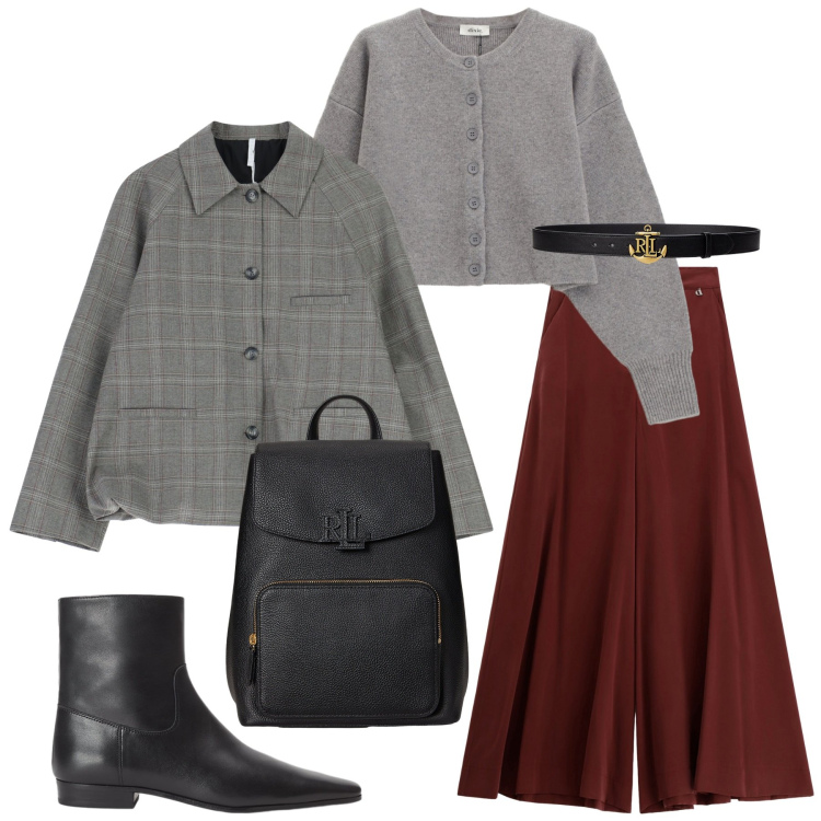 Outfit donna - Total look #2261681. Stile Glamour per Ufficio. Abbinamento con blazer, cardigans, pantaloni a palazzo, cinture, stivaletti, zaini.