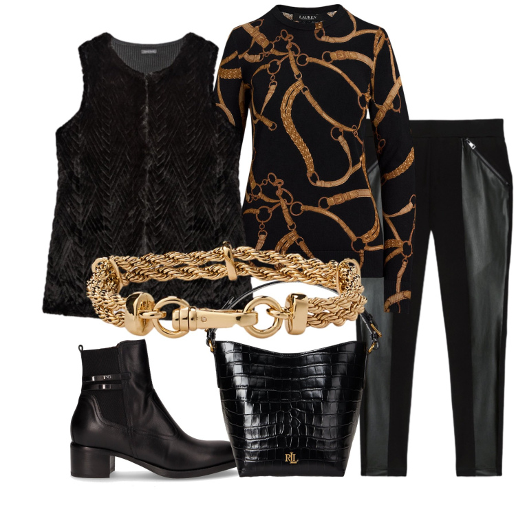 Outfit donna - Total look #2261684. Stile Casual chic per Serata fuori. Abbinamento con maglieria, braccialetti, borse a secchiello, stivaletti, leggings, maglieria.