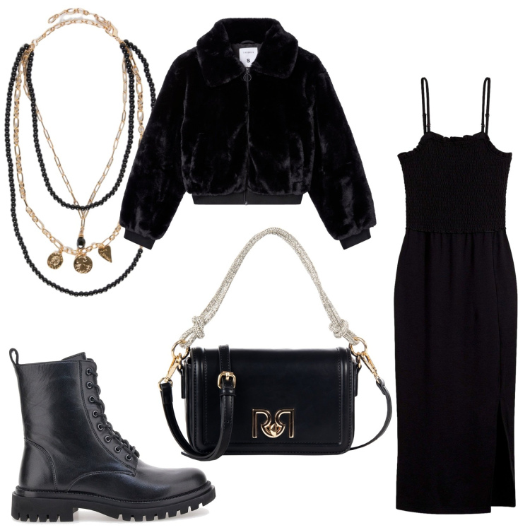 Outfit donna - Serata con gli amici. Stile Glamour per Serata fuori. Abbinamento con vestiti midi/longuette, ecopellicce, borse a mano, anfibi, collane.