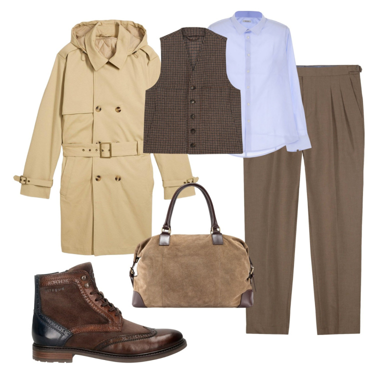 Outfit uomo - Layering che definisce lo stile!. Stile Trendy per Tutti i giorni. Abbinamento con trench, camicie, gilet, pantaloni, borse sportive, anfibi.