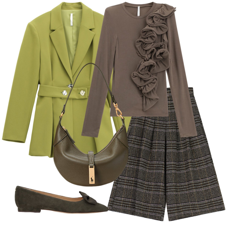 Outfit donna - Total look #2261690. Stile Chic per Tutti i giorni. Abbinamento con t-shirt, blazer, pantaloni a palazzo, ballerine, borse a spalla.