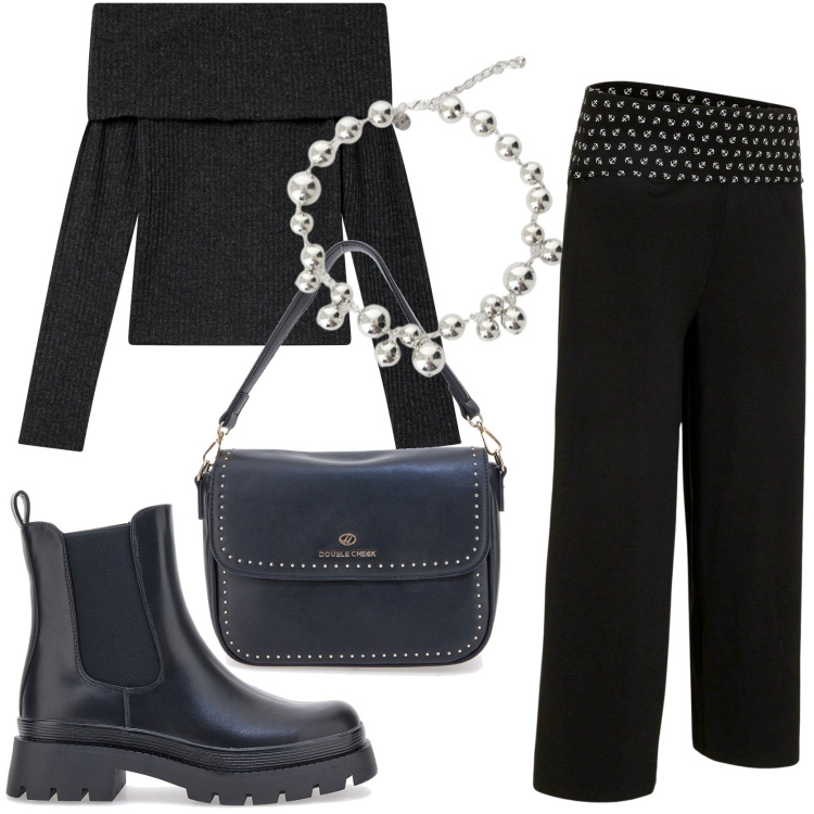 Outfit donna - In ufficio. Stile Glamour per Ufficio. Abbinamento con pantaloni culotte, maglieria, collane, stivaletti chelsea, borse a tracolla.