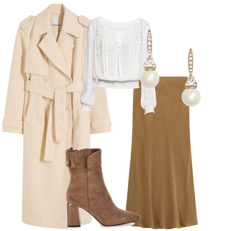 Outfit donna - Un morbido outfit. Stile Glamour per Tutti i giorni. Abbinamento con bluse, trench, gonne lunghe, orecchini, stivaletti.