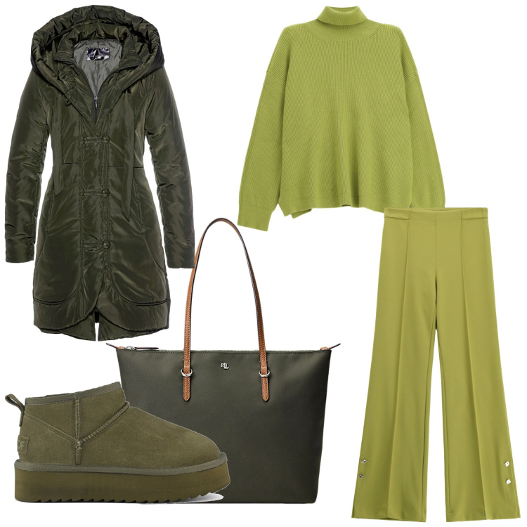 Outfit donna - Total green. Stile Casual per Tutti i giorni. Abbinamento con blazer, pantaloni, maglieria, borse tote, stivaletti.