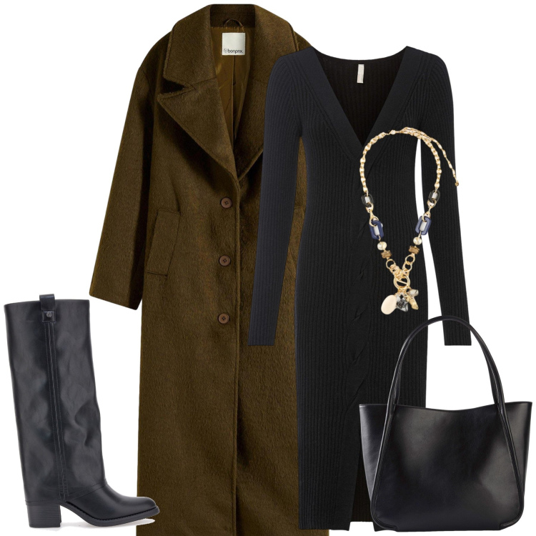 Outfit donna - Non un cappotto che spezza. Stile Glamour per Tutti i giorni. Abbinamento con shopping bag, vestiti, cappotti, collane, stivali sopra il ginocchio.