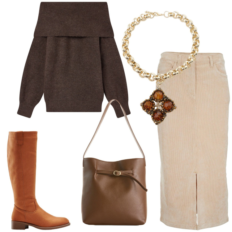 Outfit donna - Eleganza retrò. Stile Trendy per Tutti i giorni. Abbinamento con gonne longuette, stivali, borse a mano, maglieria, collane.