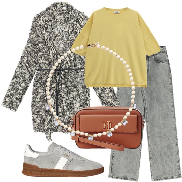 Outfit donna - Total look #2261701. Stile Chic per Tutti i giorni. Abbinamento con cardigans, maglieria, jeans, sneakers, collane, pochette.