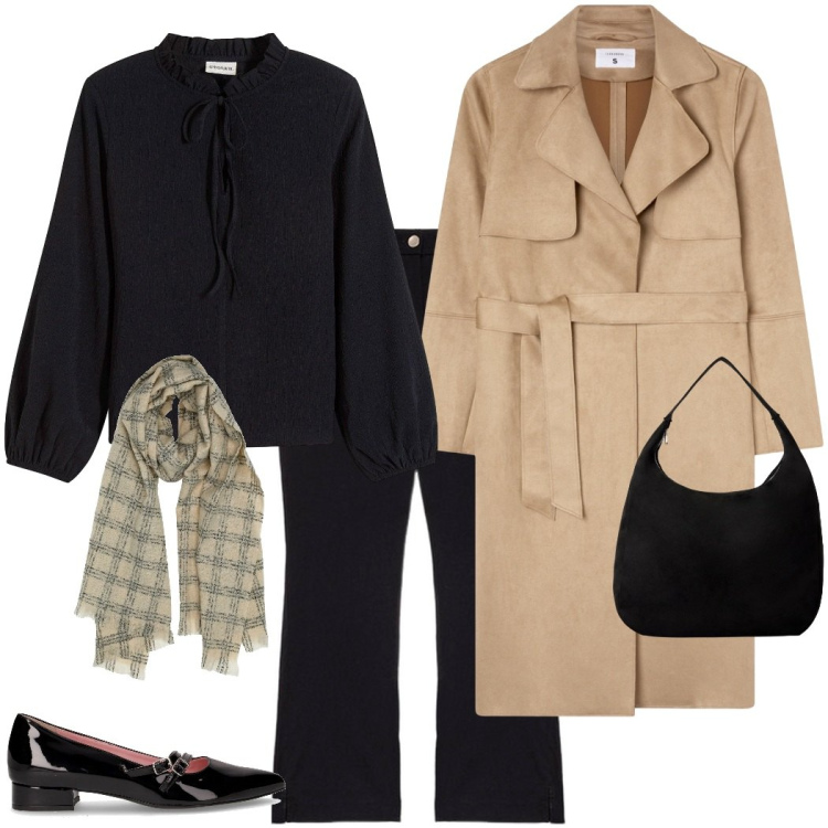 Outfit donna - Trench season. Stile Urban per Tutti i giorni. Abbinamento con bluse, borse a mano, trench, sciarpe, ballerine, pantaloni.