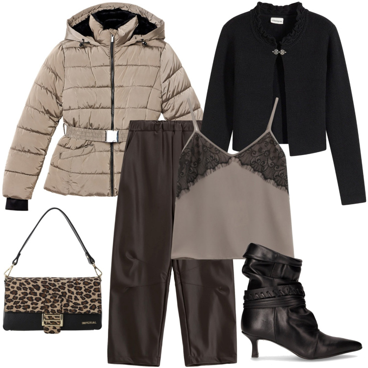 Outfit donna - season donna. Stile Trendy per Serata fuori. Abbinamento con cardigans, piumini, borse a spalla, pantaloni, top, stivaletti.