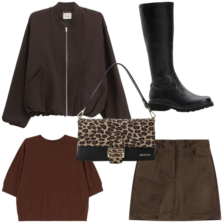 Outfit donna - Street style marrone e nero. Stile Casual chic per Tutti i giorni. Abbinamento con stivali, borse a spalla, maglieria, minigonne, bomber.