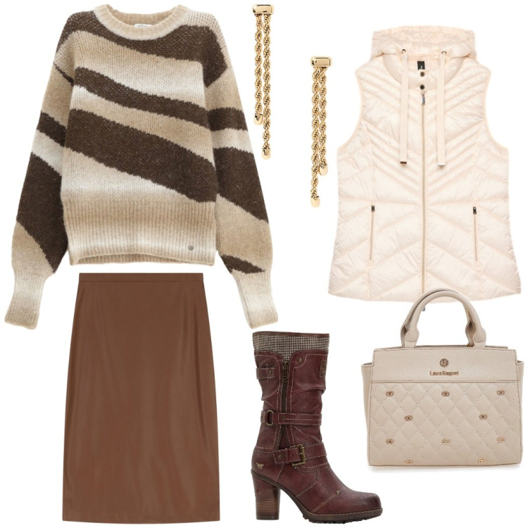 Outfit donna - In ufficio. Stile Casual chic per Ufficio. Abbinamento con stivali, gonne longuette, pullovers, orecchini, borse a mano, piumini.