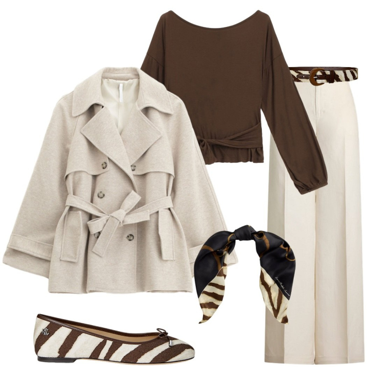 Outfit donna - Trench season. Stile Casual chic per Serata fuori. Abbinamento con trench, top, ballerine, pantaloni, cinture, foulard.