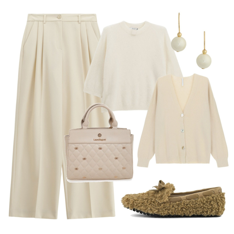Outfit donna - Minimal autunnale!. Stile Minimal per Ufficio. Abbinamento con pullovers, cardigans, pantaloni a palazzo, orecchini, mocassini, borse a mano.