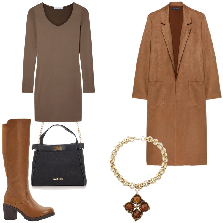 Outfit donna - Trendy. Stile Trendy per Tutti i giorni. Abbinamento con stivali, vestiti corti, collane, borse a tracolla, trench.