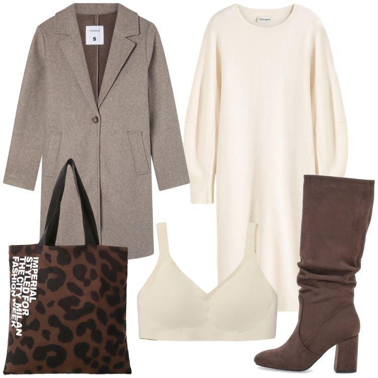 Outfit donna - Minimal autunnale. Stile Minimal per Tutti i giorni. Abbinamento con vestiti, bralette, cappotti, shopping bag, stivali sopra il ginocchio.