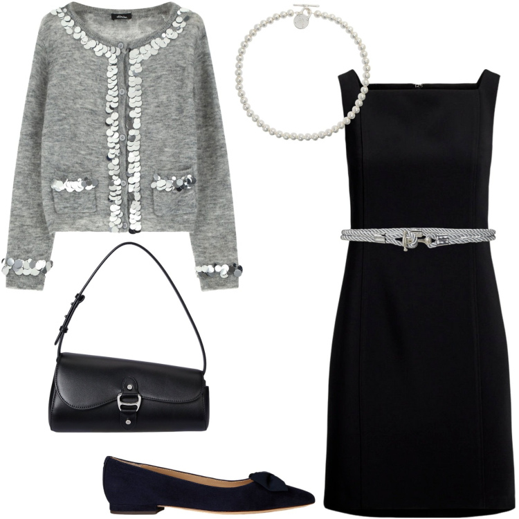 Outfit donna - Chic con abito nero e cardigan grigio. Stile Chic per Tutti i giorni. Abbinamento con cardigans, cinture, collane, vestiti senza maniche, ballerine, borse a spalla.