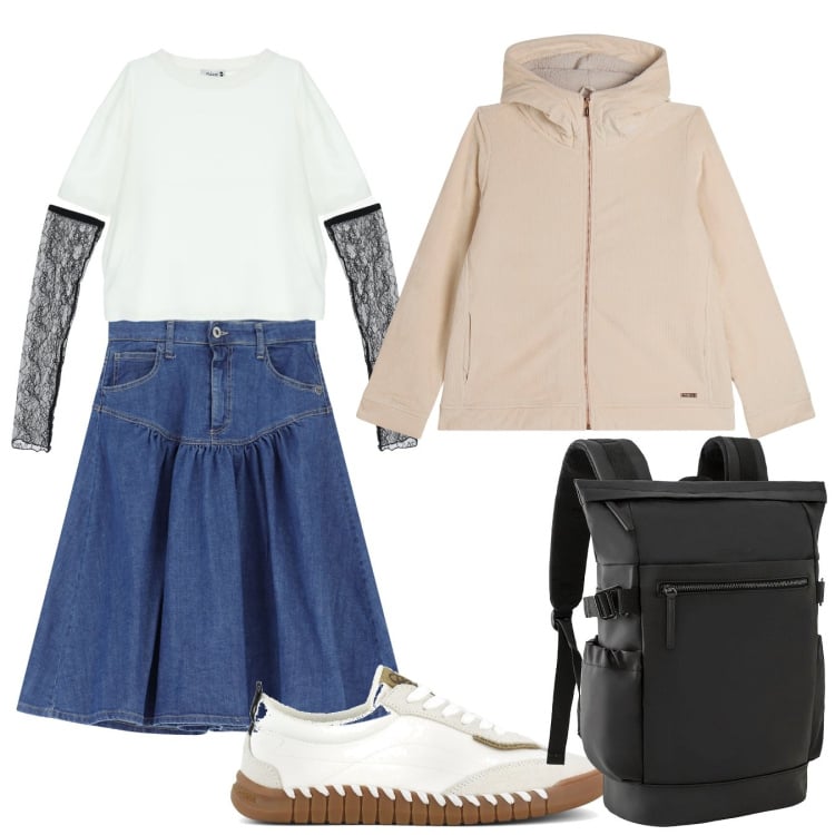 Outfit donna - Ritorno agli studi. Stile Urban per Scuola/Università. Abbinamento con zaini, t-shirt, gonne longuette, blazer, sneakers.