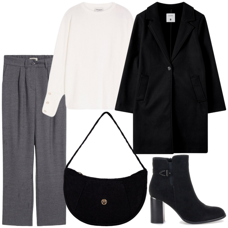 Outfit donna - Scala di grigi. Stile Minimal per Ufficio. Abbinamento con maglieria, pantaloni, cappotti, borse a mano, stivaletti.