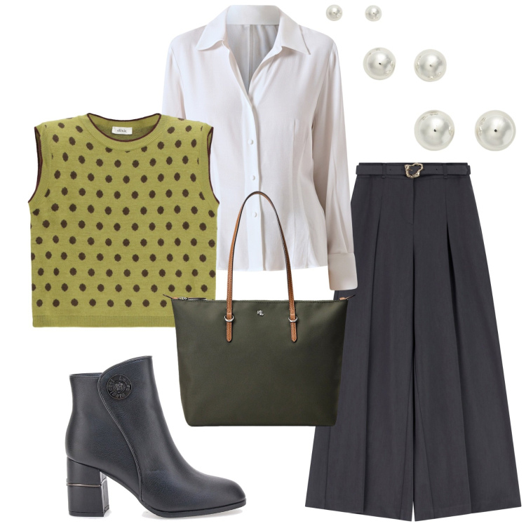 Outfit donna - Total look #2261718. Stile Trendy per Ufficio. Abbinamento con camicie, pantaloni, maglieria, borse tote, orecchini, stivaletti.