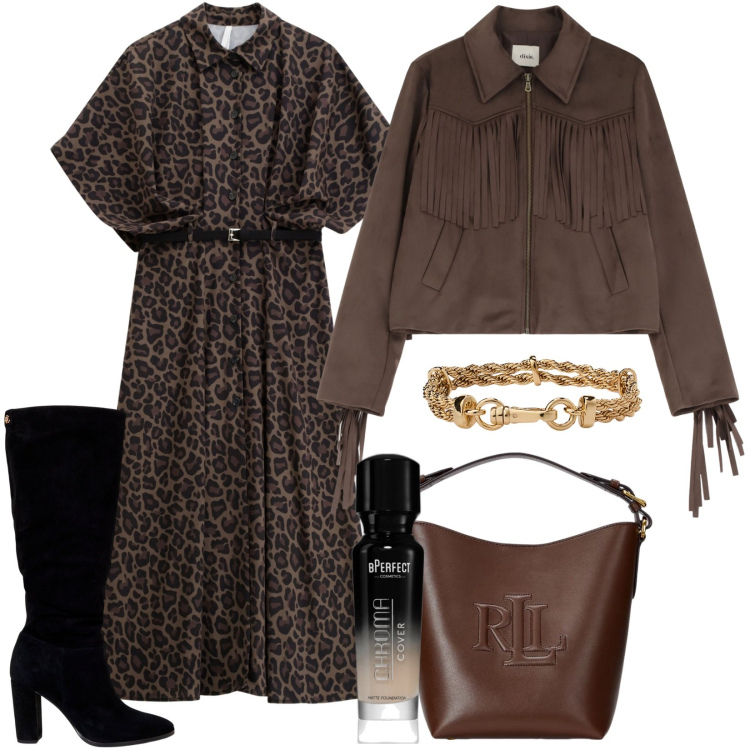 Outfit donna - Total look #2261720. Stile Trendy per Serata fuori. Abbinamento con fondotinta, vestiti lunghi, blazer, borse a secchiello, stivali, braccialetti.