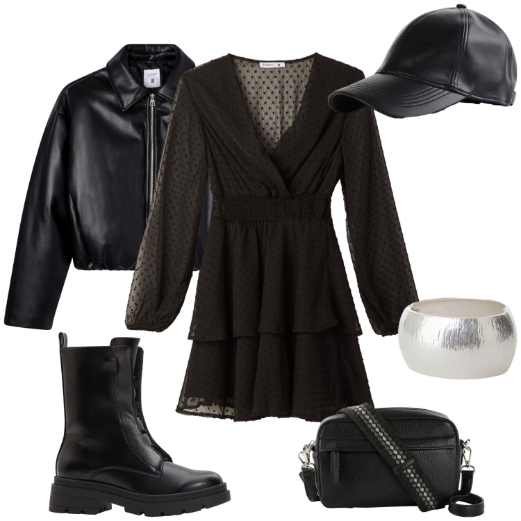 Outfit donna - Un outfit per tutto il giorno. Stile Glamour per Tutti i giorni. Abbinamento con cappelli con visiera, borse a tracolla, stivaletti, vestiti corti, giacche, anelli.