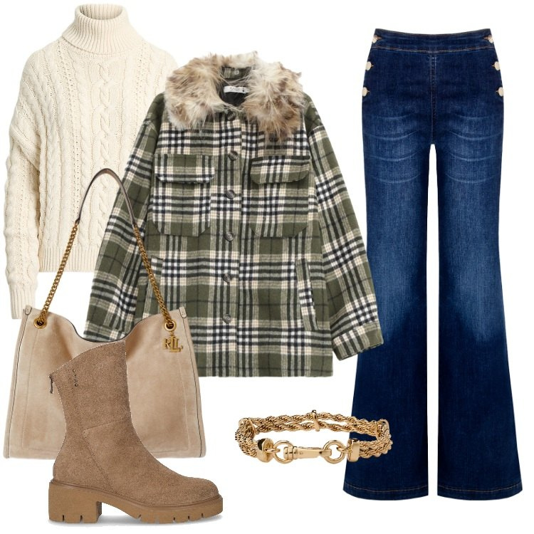 Outfit donna - Total look #2261724. Stile Boho per Tutti i giorni. Abbinamento con jeans, cappotti, borse tote, maglieria, braccialetti, stivaletti.